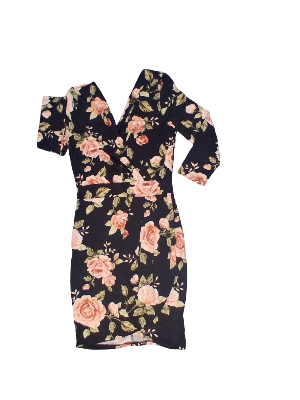 Floral Wrap Grunge Bodycon Mini Long Sleeve Black Rose Romantic Cocktail Casual